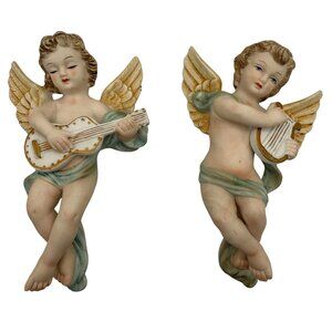 Vtg Andrea by Sadek Porcelain Cherub Wall Plaques Set of 2 Guitar & Lyre #6541